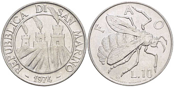 Сан-Марино 10 лир 1974 ФАО, пчела KM 33 алюминий UNC M49-10