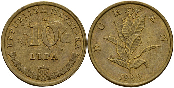 Хорватия 10 лип 1999 табак обыкновенный, легенда на хорватском KM 6 сталь плакированная латунью 4154-627