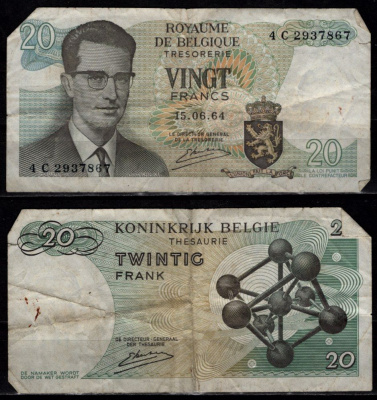 Бельгия 20 франков 1964 Бодуэн I; Атомиум, Брюссель Pick 138 (3) бумага 7548-122-2-2