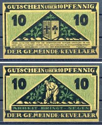 Кевелар (Пруссия) 10 пфеннигов 1921 DeNG 1/2 0690.1-1/3 бумага UNC (пресс) 7556-17-3-1