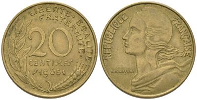 Франция 20 сантимов 1965 тип Marianne KM 930 медь алюминий никель 210-1137
