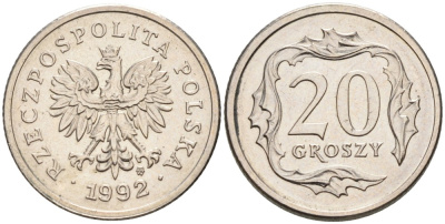 ПОЛЬША 20 ГРОШЕЙ 1992 MW KM 280 медно-никель 192-422