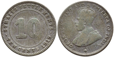 Стрейтс-Сетлментс 10 центов 1919 Георг V (1910-1936) KM 29а серебро 4379-359