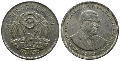 Маврикий 5 рупий 1991 Сивусагур Рамгулам KM 56 медно-никель 4381-223