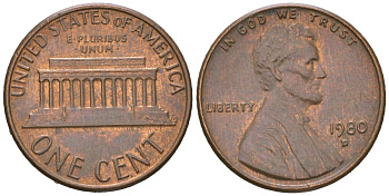 США 1 цент 1980 D, Авраам Линкольн KM 201 медь цинк aUNC 220-956