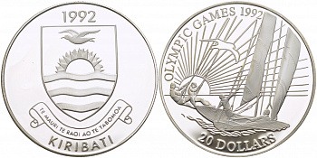 Кирибати 20 долларов 1992 XXV Олимпийские игры в Барселоне 1992 года, регата, яхта KM 17 серебро PROOF 11-090-21