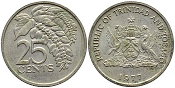 Тринидад и Тобаго 25 центов 1977 цветок дикая пуансеттия KM 32 медно-никель 4396-734
