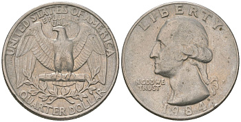 США 25 центов (квотер) 1984 P, Вашингтон KM A164a медь плакированная медно-никелем 4595-311