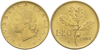 ИТАЛИЯ 20 ЛИР 1983 R, ДУБОВЫЕ ЛИСТЬЯ KM 97.2 алюминиевая бронза 4551-317