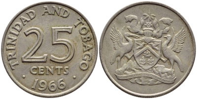 Тринидад и Тобаго 25 центов 1966 герб KM 4 медно-никель 4396-631