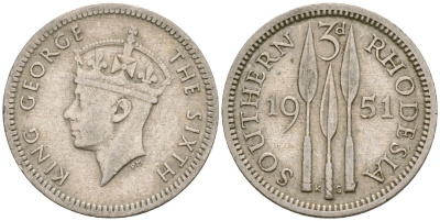 Британская Южная Родезия 3 пенса 1951 Георг VI (1936-1952) KM 20 медно-никель 4174-327