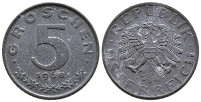 АВСТРИЯ 5 ГРОШЕЙ 1968 KM 2875 цинк UNC 57-1166