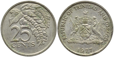 Тринидад и Тобаго 25 центов 1977 цветок дикая пуансеттия KM 32 медно-никель 4396-734