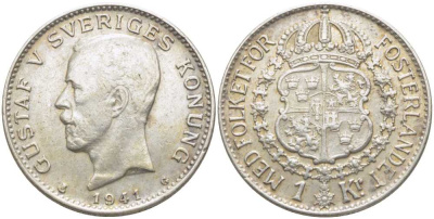 Швеция 1 крона 1941 G, Густав V (1907-1950) KM 786.2 серебро 119-1113