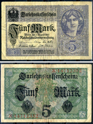 Германия 5 марок 1917 8 значный номер Pick 56 b бумага 7214-10-3-2