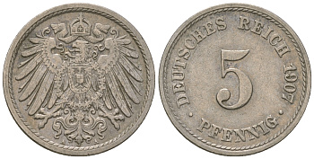 ГДР 5 пфеннигов 1907 A, KM 11, J. 12 медно-никель 3458-1119