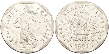 Франция 2 франка 1981 KM 942.1 никель 63-637