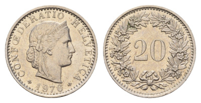 Швейцария 20 раппенов 1976 B KM 29a медно-никель 187-541