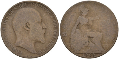Великобритания 1/2 пенни 1909 Эдуард VII (1901-1910) KM 793.2, Spink 3991 бронза 4146-124