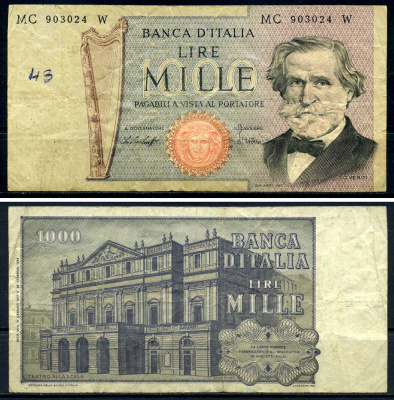 Италия 1000 лир 1977 Джузеппе Верди, Милан Ла Скала Pick 101e бумага 6293-44-3-2