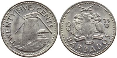 Барбадос 25 центов 1973 ветряная мельница Моргана Льюиса KM 13 медно-никель 4398-326