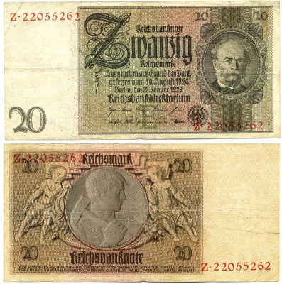 Германия 20 рейхсмарок 1929 Вернер фон Сименс, буква E, серия Z Pick 181 a, Ros. 174 a  бумага   7203-4-1-1