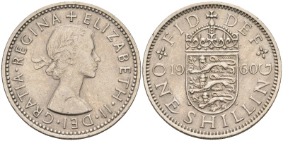 Великобритания 1 шиллинг 1960 Елизавета II (1952-2022), Английский герб KM 904, Spink 4147 медно-никель    4150-532