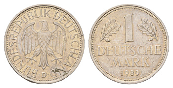 ФРГ 1 марка 1989 D KM 110, J. 385 медно-никель 186-1226