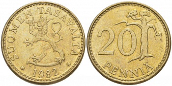 ФИНЛЯНДИЯ 20 ПЕННИ 1982 K KM 47 алюминиевая бронза UNC 3718-522