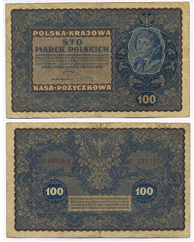 Польша 100 марок 1919 23 августа 1919, третий выпуск, Тадеуш Костюшко, IJ серия R Pick 27 (2), M27c  бумага   8595-22-1-1
