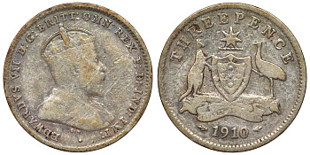 Австралия 3 пенса 1910 L, Эдуард VII (1902-1910), герб Австралии KM 18 серебро 71-112