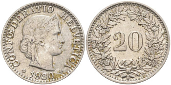 Швейцария 20 раппенов 1930 B KM 29 никель     55-637