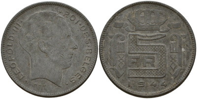 Бельгия 5 франков 1944 DES BELGES, Леопольд III (1934-1947) KM 130 цинк 4161-945