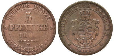 САКСОНИЯ 5 ПФЕННИГОВ 1864 В KM 1218 медь 75-722