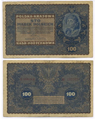 Польша 100 марок 1919 23 августа 1919, третий выпуск, Тадеуш Костюшко, IJ серия R Pick 27 (2), M27c  бумага   8595-22-1-1