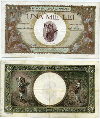 Румыния 1000 леев 1936 крестьянки с детьми Pick 45a бумага 2192-11-2-1