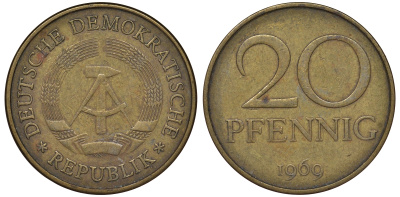 ГДР 20 пфеннигов 1969 А, первый год KM 11 латунь 62-1027
