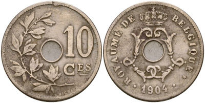Бельгия 10 сантимов 1904 Король Леопольд II (1865 - 1909) KM 52 медно-никель 190-231