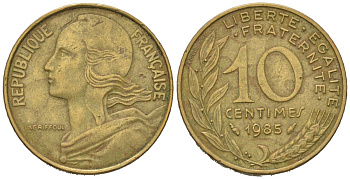 Франция 10 сантимов 1985 KM 929, Le Franc 144/24 алюминиевая бронза 4164-1152