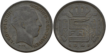 Бельгия 5 франков 1941 DES BELGEN, Леопольд III (1934-1947) KM 129 цинк 4161-914