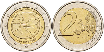 Греция 2 евро 2009 10 лет монетарной политики ЕС (EMU) и введения евро KM 227 биметалл UNC 4517-735