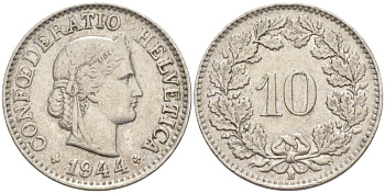 ШВЕЙЦАРИЯ 10 РАППЕНОВ 1944 В KM 27 медно-никель 201-519