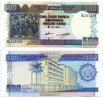БУРУНДИ 500 франков 1999 5 февраля 1999 Pick 38b бумага UNC (пресс) 7548-70-2-2