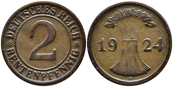 ГЕРМАНИЯ 2 РЕНТЕНПФЕННИГА 1924 D, ВЕЙМАРСКАЯ РЕСПУБЛИКА (1919-1933) KM 31, Jager 307, Weege 3 бронза 4546-757