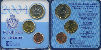 САН-МАРИНО ОФИЦИАЛЬНЫЙ НАБОР ИЗ 3 МОНЕТ 2004 1 ЕВРОЦЕНТ, 10 ЕВРОЦЕНТОВ, 1 ЕВРО, В ПЛАСТИКОВОЙ ЗАПАЙКЕ UNC 1-4-2-27
