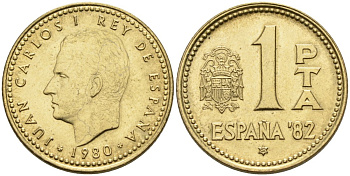 Испания 1 песета 1980 (82) чемпионат мира по футболу 82, Хуан Карлос I (1975-2001) KM 816 алюминиевая бронза 4571-1122