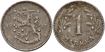 Финляндия 1 марка 1947 S KM 30b железо 4580-1264