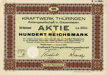 Германия 100 рейхсмарок 1929 АО Электростанция Тюрингии, акция   бумага   8801-111-1