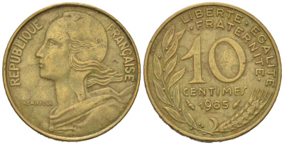 Франция 10 сантимов 1985 KM 929, Le Franc 144/24 алюминиевая бронза 4164-1152