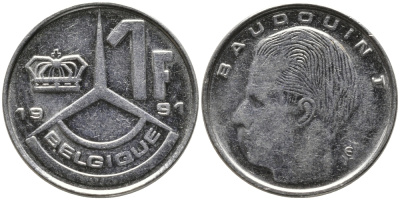 БЕЛЬГИЯ 1 ФРАНК 1991 BELGIQUE KM 170 сталь плакированная никелем 99-1226